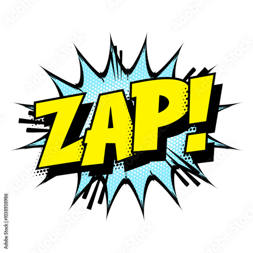 Sound effect bubble with onomatopoeia ‘Zap!’ in retro halftone comic book style 