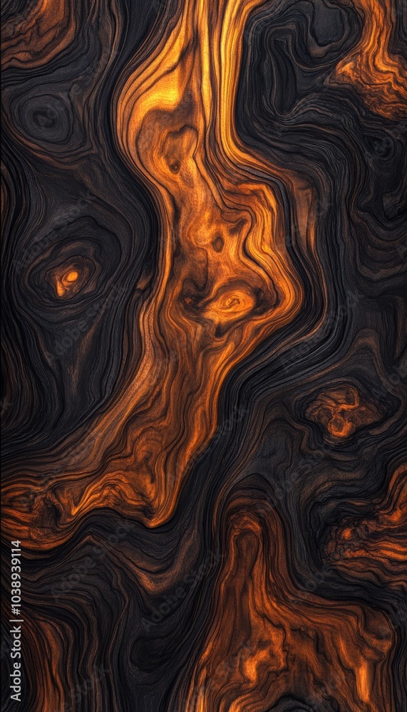 Abstract wood grain texture with swirling patterns in black and orange. Abstract wood grain texture with swirling patterns in black and orange.