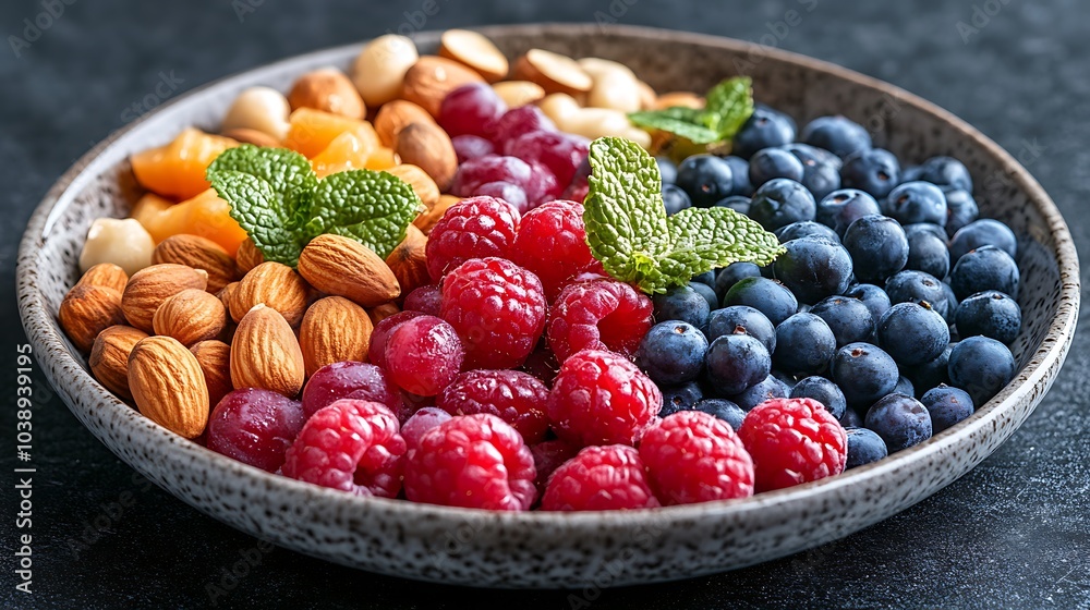A black plate with a variety of fruits and nuts, full of blueberries, raspberries, almonds, and mango. Mixed fruits and nuts, brain-stimulating snack, healthy, natural energy boost, solid background. A black plate with a variety of fruits and nuts, full of blueberries, raspberries, almonds, and mango. Mixed fruits and nuts, brain-stimulating snack, healthy, natural energy boost, solid background.