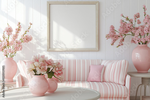 A white frame on the wall, a pink and white sofa, coffee table in the living room. AI generation