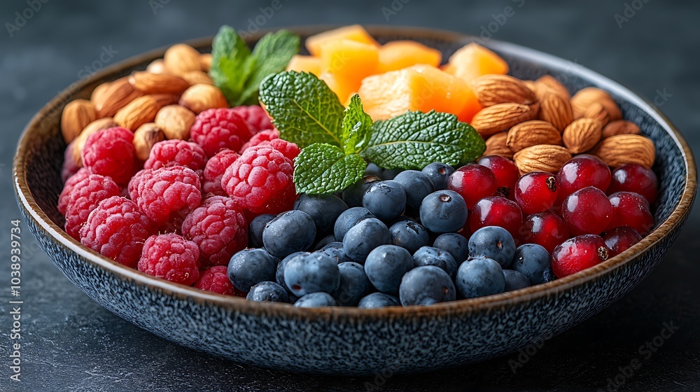 A black plate with a variety of fruits and nuts, full of blueberries, raspberries, almonds, and mango. Mixed fruits and nuts, brain-stimulating snack, healthy, natural energy boost, solid background. A black plate with a variety of fruits and nuts, full of blueberries, raspberries, almonds, and mango. Mixed fruits and nuts, brain-stimulating snack, healthy, natural energy boost, solid background.