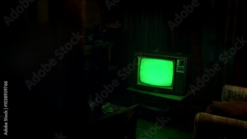 tv with a green screen on the screen, dimli lit room