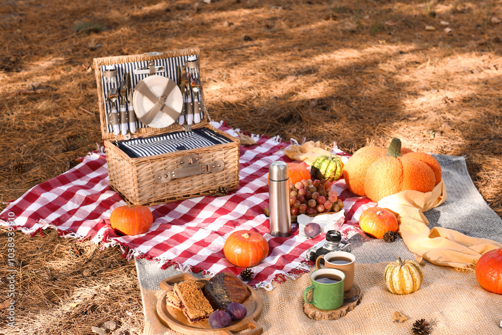 Picnic wicker basket with pumpkins, cups of tea and tasty food on plaid in autumn park Picnic wicker basket with pumpkins, cups of tea and tasty food on plaid in autumn park