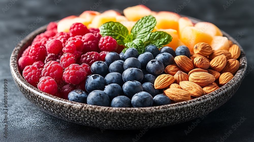 A black plate with a variety of fruits and nuts, full of blueberries, raspberries, almonds, and mango. Mixed fruits and nuts, brain-stimulating snack, healthy, natural energy boost, solid background. A black plate with a variety of fruits and nuts, full of blueberries, raspberries, almonds, and mango. Mixed fruits and nuts, brain-stimulating snack, healthy, natural energy boost, solid background.