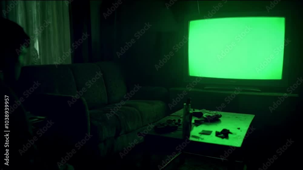 tv with a green screen on the screen, dimli lit room