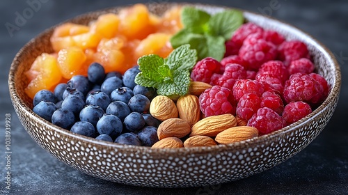 A black plate with a variety of fruits and nuts, full of blueberries, raspberries, almonds, and mango. Mixed fruits and nuts, brain-stimulating snack, healthy, natural energy boost, solid background.