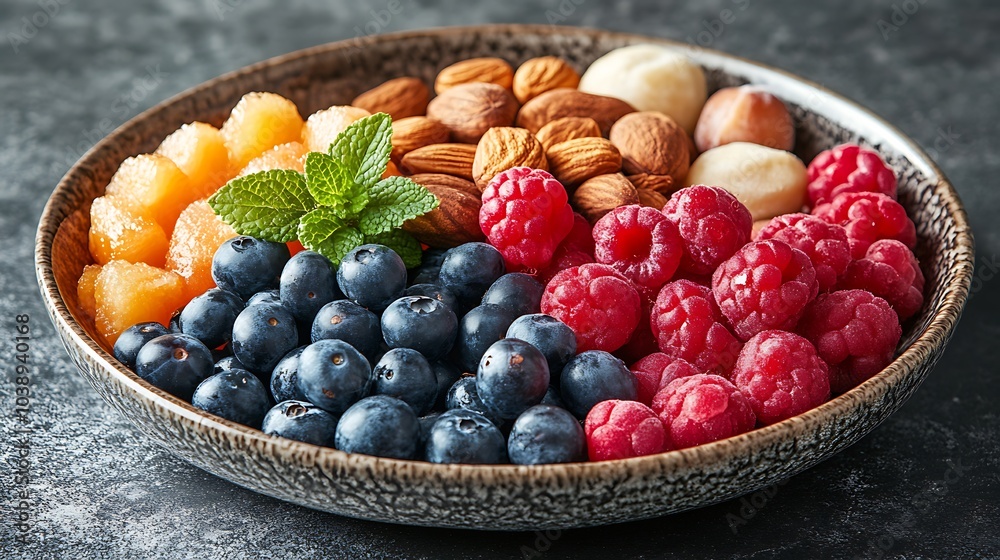 A black plate with a variety of fruits and nuts, full of blueberries, raspberries, almonds, and mango. Mixed fruits and nuts, brain-stimulating snack, healthy, natural energy boost, solid background. A black plate with a variety of fruits and nuts, full of blueberries, raspberries, almonds, and mango. Mixed fruits and nuts, brain-stimulating snack, healthy, natural energy boost, solid background.