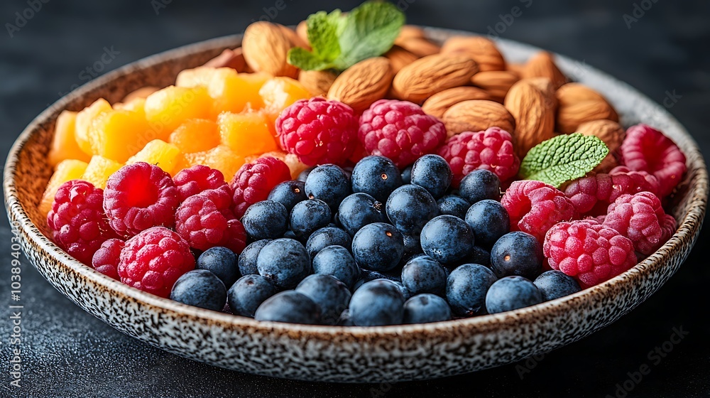 A black plate with a variety of fruits and nuts, full of blueberries, raspberries, almonds, and mango. Mixed fruits and nuts, brain-stimulating snack, healthy, natural energy boost, solid background. A black plate with a variety of fruits and nuts, full of blueberries, raspberries, almonds, and mango. Mixed fruits and nuts, brain-stimulating snack, healthy, natural energy boost, solid background.