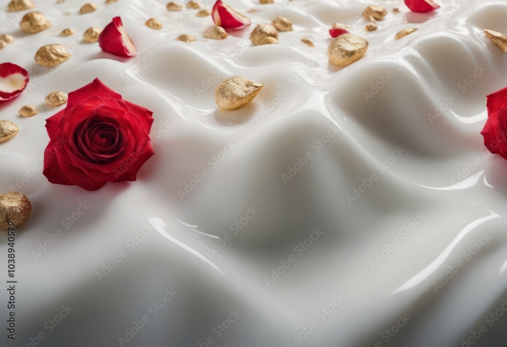 AI generated white milk with red rose and golden hearts on a white background. AI generated white milk with red rose and golden hearts on a white background.