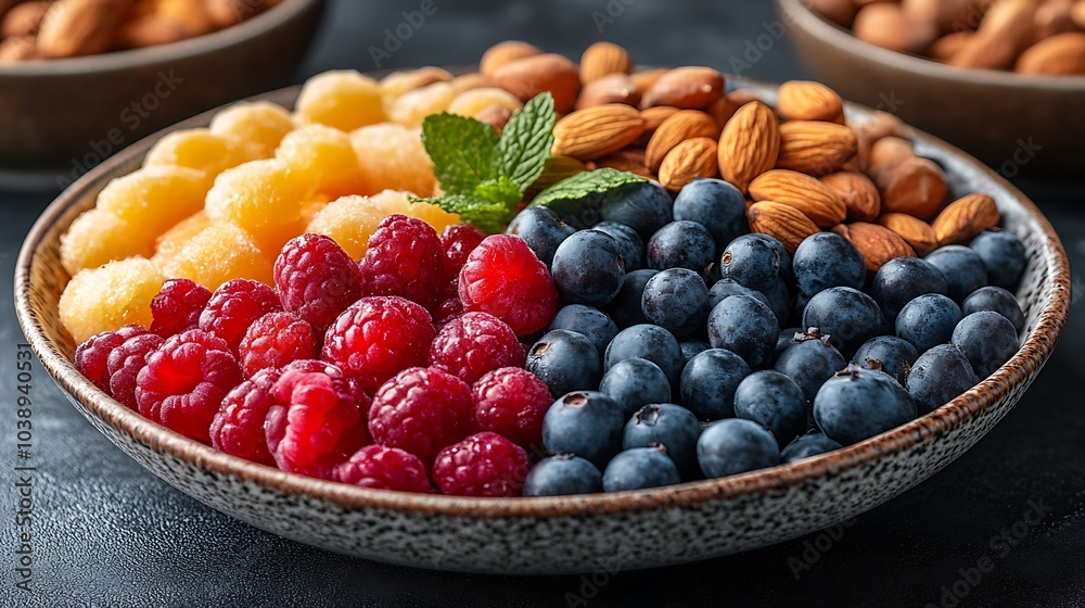 A black plate with a variety of fruits and nuts, full of blueberries, raspberries, almonds, and mango. Mixed fruits and nuts, brain-stimulating snack, healthy, natural energy boost, solid background. A black plate with a variety of fruits and nuts, full of blueberries, raspberries, almonds, and mango. Mixed fruits and nuts, brain-stimulating snack, healthy, natural energy boost, solid background.