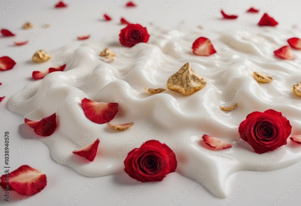 AI generated close up view of tasty white whipped cream with red roses on white background AI generated close up view of tasty white whipped cream with red roses on white background