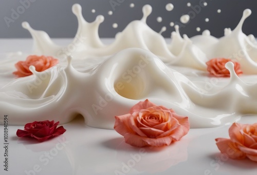 AI generated milk splash with rose petals on white background, closeup