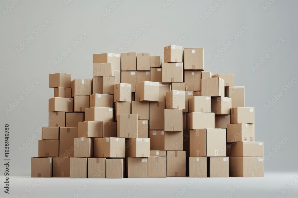 Pile of cardboard boxes in an empty warehouse, casting long shadows in the soft afternoon light. Pile of cardboard boxes in an empty warehouse, casting long shadows in the soft afternoon light.