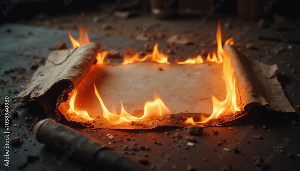 Naklejka premium Old parchment burning in flames on dark surface
