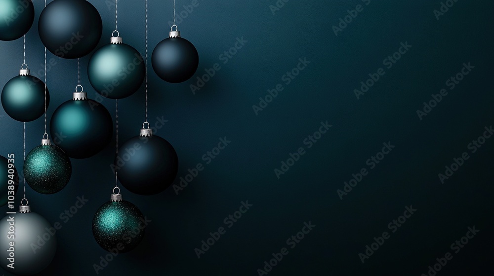 Christmas ornaments dangle from a string against a dark blue backdrop, offering space for text or images Christmas ornaments dangle from a string against a dark blue backdrop, offering space for text or images