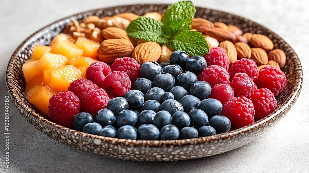 A black plate with a variety of fruits and nuts, full of blueberries, raspberries, almonds, and mango. Mixed fruits and nuts, brain-stimulating snack, healthy, natural energy boost, solid background.