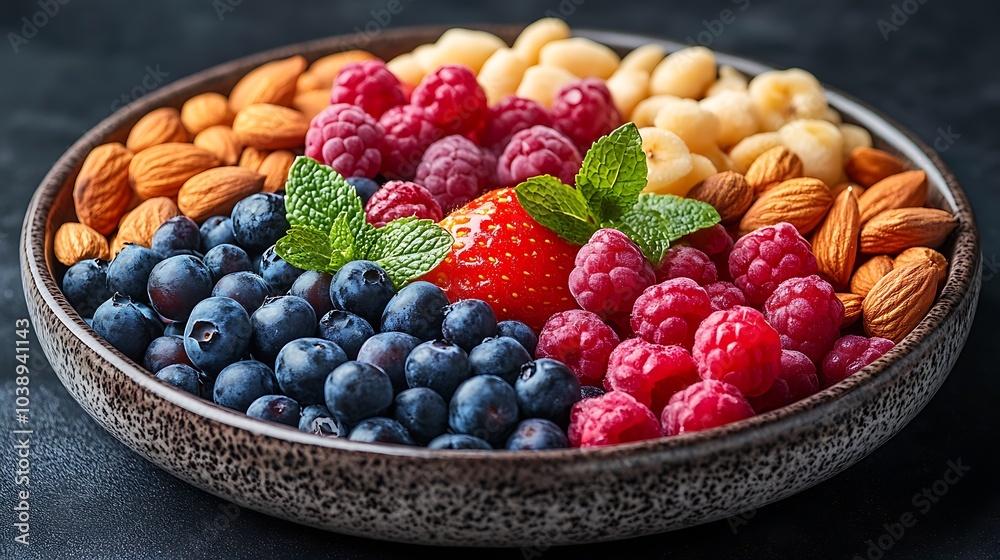 A black plate with a variety of fruits and nuts, full of blueberries, raspberries, almonds, and mango. Mixed fruits and nuts, brain-stimulating snack, healthy, natural energy boost, solid background. A black plate with a variety of fruits and nuts, full of blueberries, raspberries, almonds, and mango. Mixed fruits and nuts, brain-stimulating snack, healthy, natural energy boost, solid background.