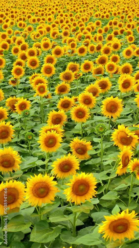 Yellow sunflowers. Background of blooming beautiful sunny seed flowers on field in summer. Landscape of sunflowers. Vertical video Yellow sunflowers. Background of blooming beautiful sunny seed flowers on field in summer. Landscape of sunflowers. Vertical video