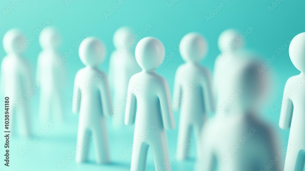 Abstract representation of a group of figurines symbolizing community and teamwork against a soothing blue background. Abstract representation of a group of figurines symbolizing community and teamwork against a soothing blue background.