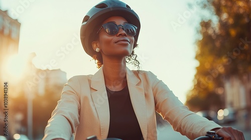 Black Businesswoman Riding Electric Bike Home from City in Urban Setting, safet hat and black sunglasess photo