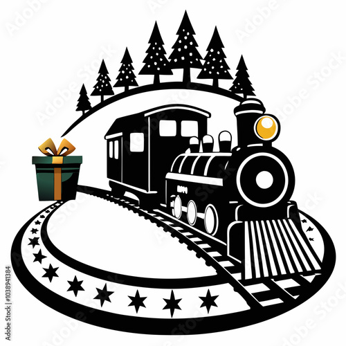 Charming train carrying gifts through a landscape of spruce trees