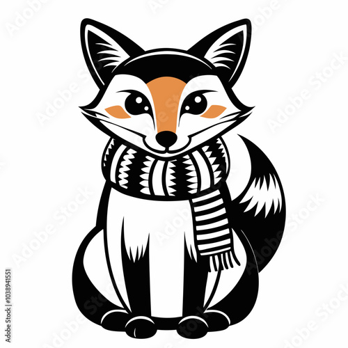 Stylish fox wearing a striped scarf sitting confidently