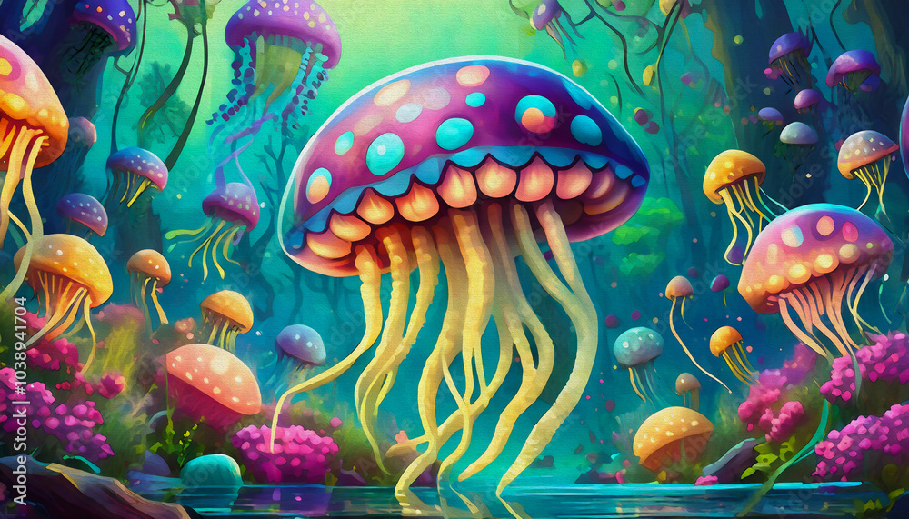 oil painting style cartoon character illustration jelly fish in a water oil painting style cartoon character illustration jelly fish in a water