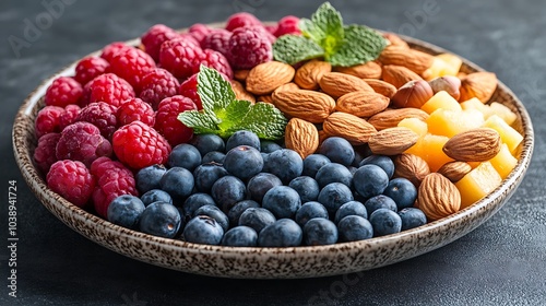 Wallpaper Mural A black plate with a variety of fruits and nuts, full of blueberries, raspberries, almonds, and mango. Mixed fruits and nuts, brain-stimulating snack, healthy, natural energy boost, solid background. Torontodigital.ca