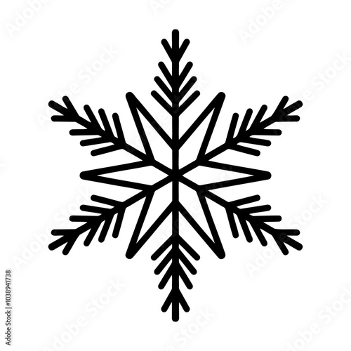 Beautiful snowflake, detailed hand drawn flat vector illustration. Graphic outline drawing. Christmas and New Year symbol. Unique snowflake silhouette icon for frosty winter designs and decorations.