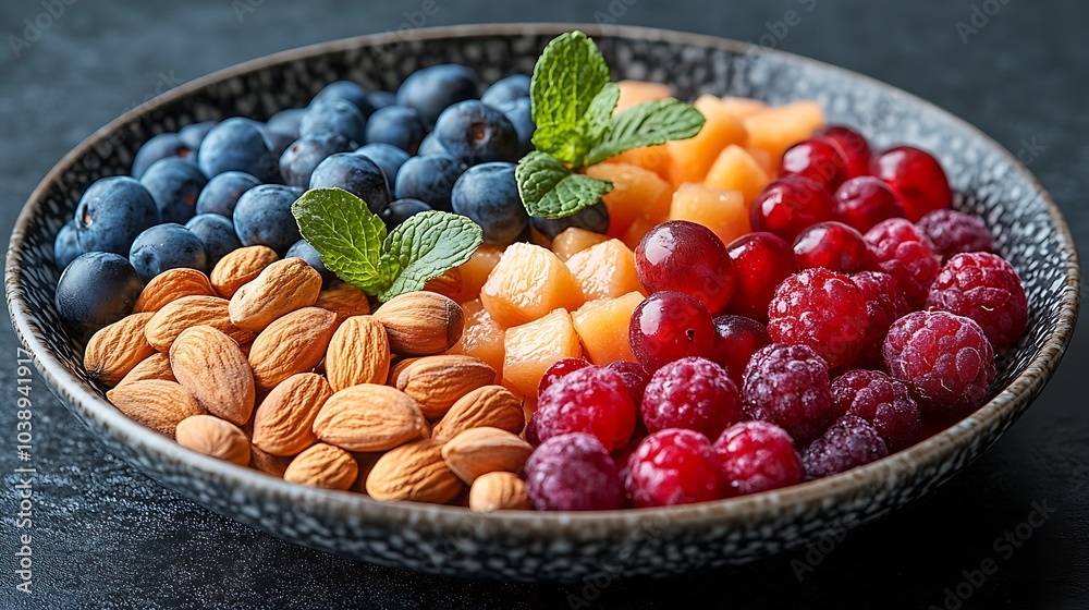 A black plate with a variety of fruits and nuts, full of blueberries, raspberries, almonds, and mango. Mixed fruits and nuts, brain-stimulating snack, healthy, natural energy boost, solid background. A black plate with a variety of fruits and nuts, full of blueberries, raspberries, almonds, and mango. Mixed fruits and nuts, brain-stimulating snack, healthy, natural energy boost, solid background.