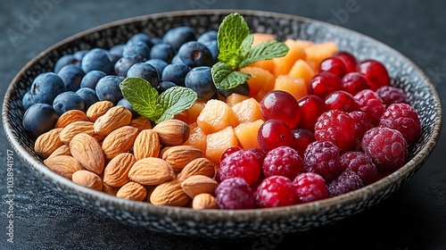 Wallpaper Mural A black plate with a variety of fruits and nuts, full of blueberries, raspberries, almonds, and mango. Mixed fruits and nuts, brain-stimulating snack, healthy, natural energy boost, solid background. Torontodigital.ca