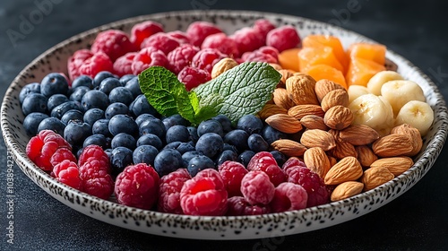 Wallpaper Mural A black plate with a variety of fruits and nuts, full of blueberries, raspberries, almonds, and mango. Mixed fruits and nuts, brain-stimulating snack, healthy, natural energy boost, solid background. Torontodigital.ca