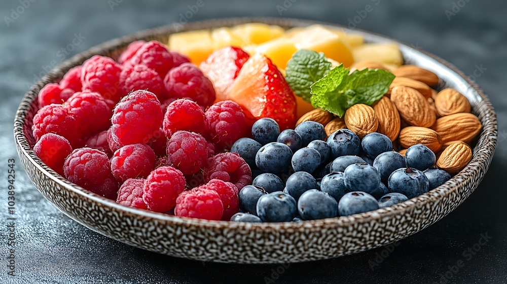 A black plate with a variety of fruits and nuts, full of blueberries, raspberries, almonds, and mango. Mixed fruits and nuts, brain-stimulating snack, healthy, natural energy boost, solid background. A black plate with a variety of fruits and nuts, full of blueberries, raspberries, almonds, and mango. Mixed fruits and nuts, brain-stimulating snack, healthy, natural energy boost, solid background.