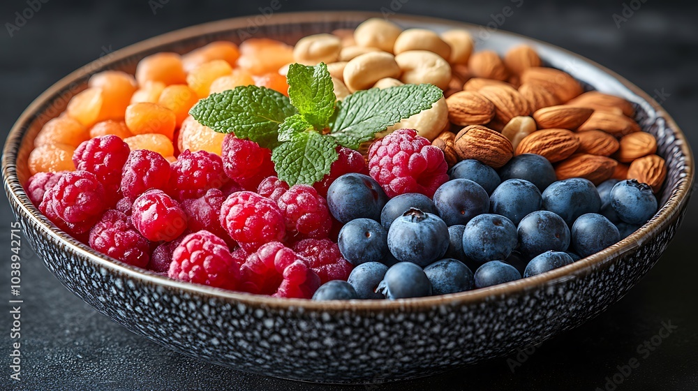 A black plate with a variety of fruits and nuts, full of blueberries, raspberries, almonds, and mango. Mixed fruits and nuts, brain-stimulating snack, healthy, natural energy boost, solid background. A black plate with a variety of fruits and nuts, full of blueberries, raspberries, almonds, and mango. Mixed fruits and nuts, brain-stimulating snack, healthy, natural energy boost, solid background.