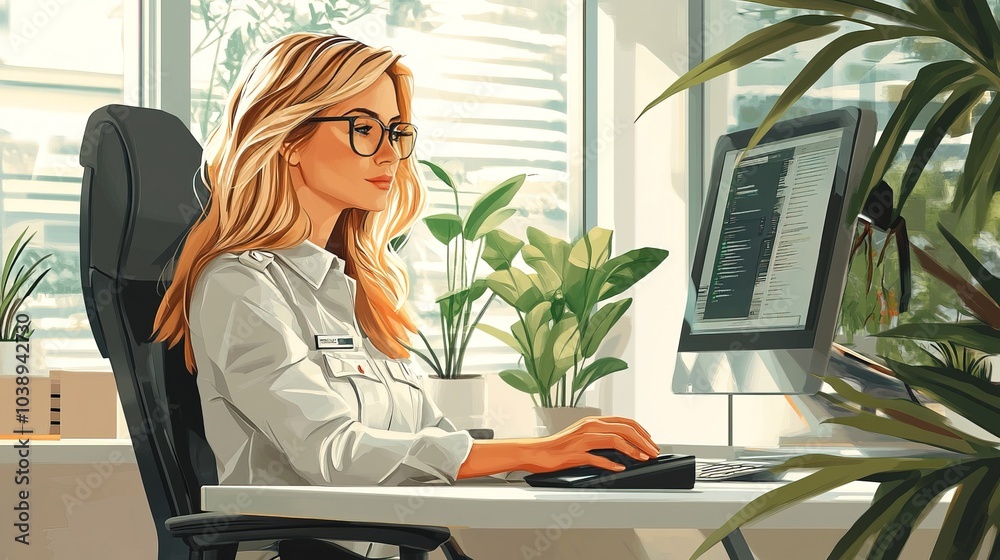 Blonde Officer woman while working from home. Ready for working with home office setup Blonde Officer woman while working from home. Ready for working with home office setup