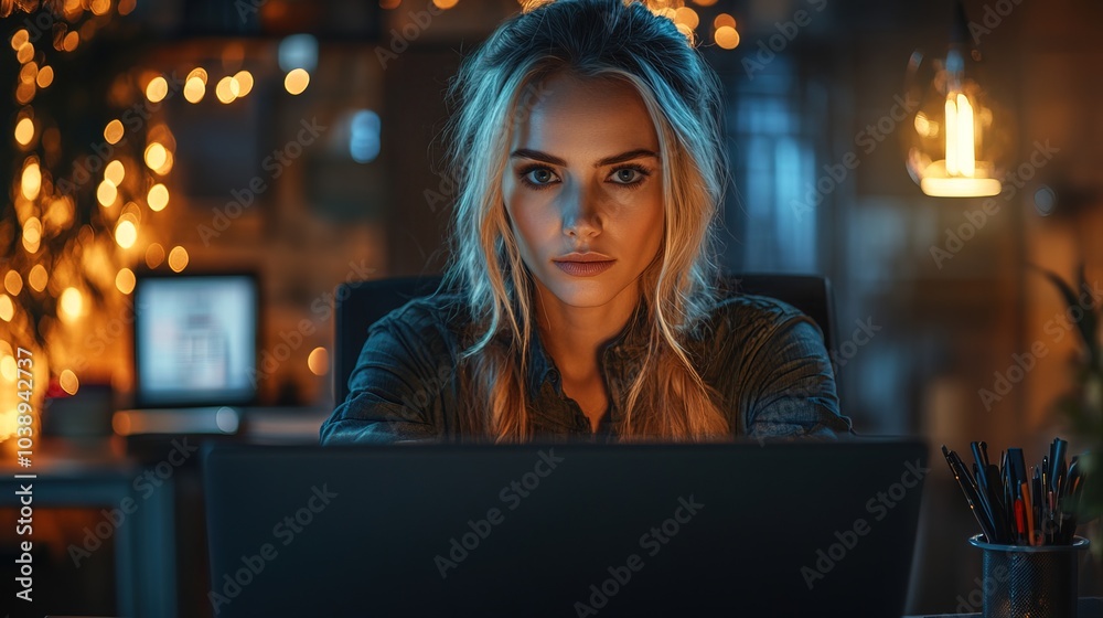 Fototapeta premium Blonde Officer woman while working from home. Ready for working with home office setup
