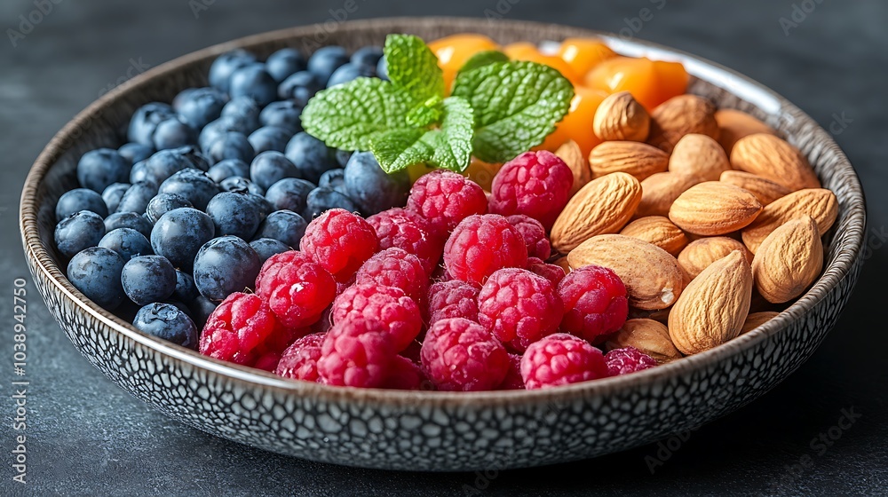 A black plate with a variety of fruits and nuts, full of blueberries, raspberries, almonds, and mango. Mixed fruits and nuts, brain-stimulating snack, healthy, natural energy boost, solid background. A black plate with a variety of fruits and nuts, full of blueberries, raspberries, almonds, and mango. Mixed fruits and nuts, brain-stimulating snack, healthy, natural energy boost, solid background.