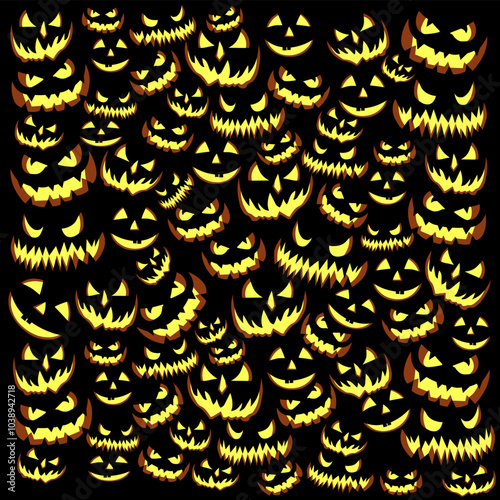 Halloween scary and creepy black pumpkin background with face pattern, seamless vector. Halloween, horror night, holiday and trick or treat party creepy pumpkins, gloomy faces and orange pattern