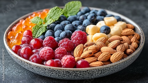 A black plate with a variety of fruits and nuts, full of blueberries, raspberries, almonds, and mango. Mixed fruits and nuts, brain-stimulating snack, healthy, natural energy boost, solid background.