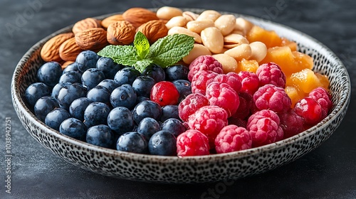 A black plate with a variety of fruits and nuts, full of blueberries, raspberries, almonds, and mango. Mixed fruits and nuts, brain-stimulating snack, healthy, natural energy boost, solid background.