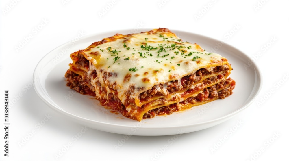 Top view of a plate of lasagna with layers of meat sauce and chees Top view of a plate of lasagna with layers of meat sauce and chees