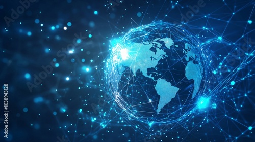 Digital Globe Network with Blue Light Streaks and Bokeh
