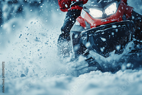 Rider zips across powdery snow on a snowmobile in a winter wonderland