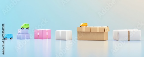 Colorful toy cars and boxes arranged on a soft gradient background, perfect for children's themes or educational materials.