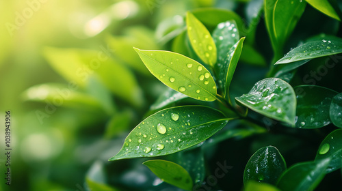 A close-up of a dewdrop on a green leaf, with a soft-focus background, Natural, modern style