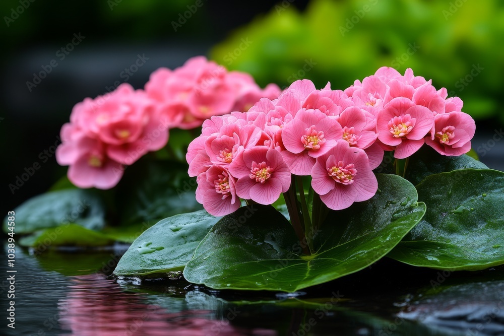 Bergenia plants with their large leaves and clusters of pink flowers growing along the edge of a pond Bergenia plants with their large leaves and clusters of pink flowers growing along the edge of a pond