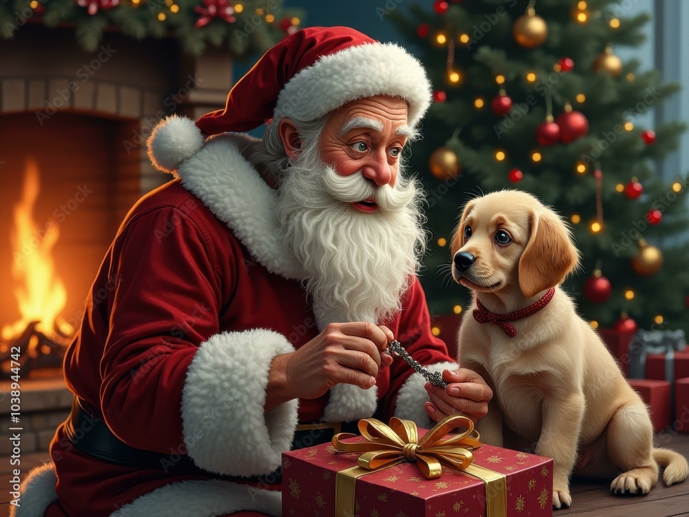 Santa claus and puppy by the fireplace: heartwarming christmas scene for holiday decor Santa claus and puppy by the fireplace: heartwarming christmas scene for holiday decor