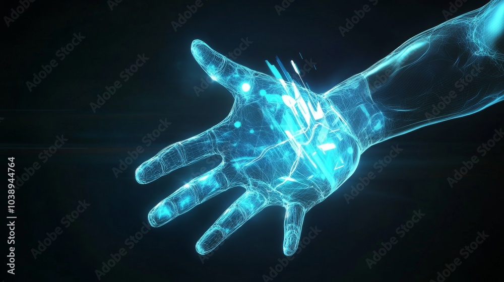 Futuristic digital hand with glowing blue circuitry displaying technology and innovation in a virtual environment.