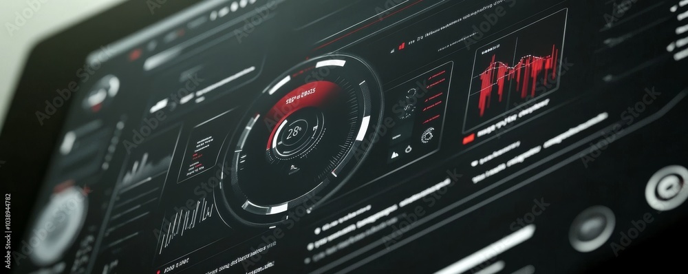 Fototapeta premium Futuristic digital interface displaying dynamic graphs and statistics, ideal for tech, business, and innovation themes.