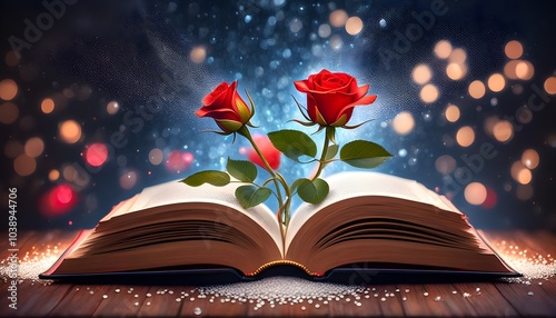 Magical Diada de Sant Jordi celebration with an open book and a glittering red rose, capturing the essence of tradition and legend in Catalunya on April 23rd. photo